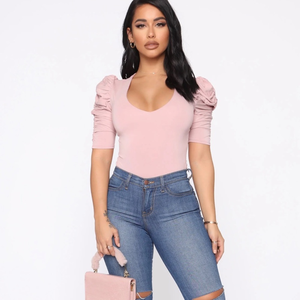 Ruched Sleeve Body Suit In Blush Pink Sz M